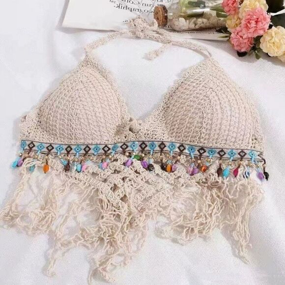 Crochet Halter Bra with Cropped Tassel Hem Summer Sleeveless Casual Top - Picture 8 of 8